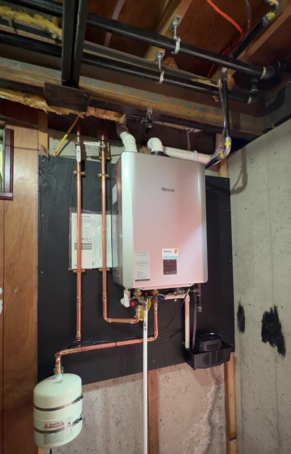 Wall-mounted Rinnai tankless water heater install with expansion tank